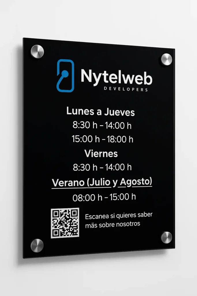 Imagen con cartel de la empresa Nytelweb donde se puede visualizar su horario y un código QR para más información.